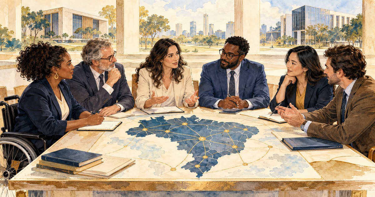 Ilustração editorial de profissionais diversos reunidos em torno de um mapa, representando a construção colaborativa do Censo e do Atlas da Justiça