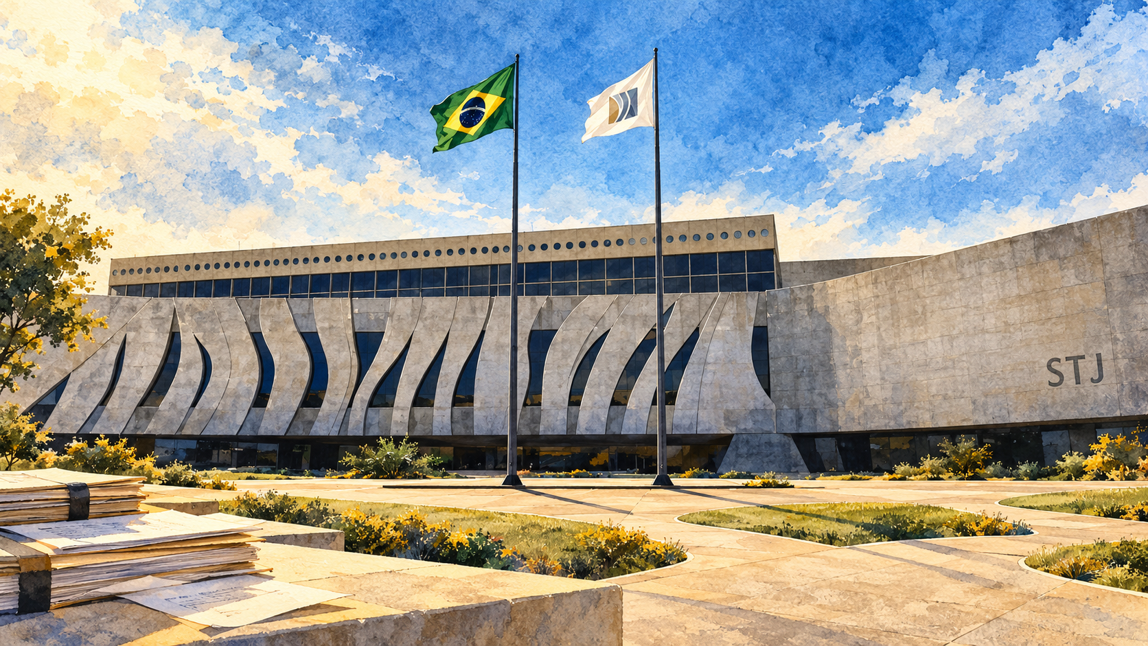 Ilustração editorial da sede do Superior Tribunal de Justiça em Brasília, com caminhos de acesso e autos processuais em primeiro plano