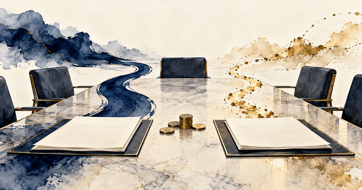 Ilustração em aquarela de mesa de arbitragem, documentos e moedas, com fluxos financeiros contínuo e descontínuo