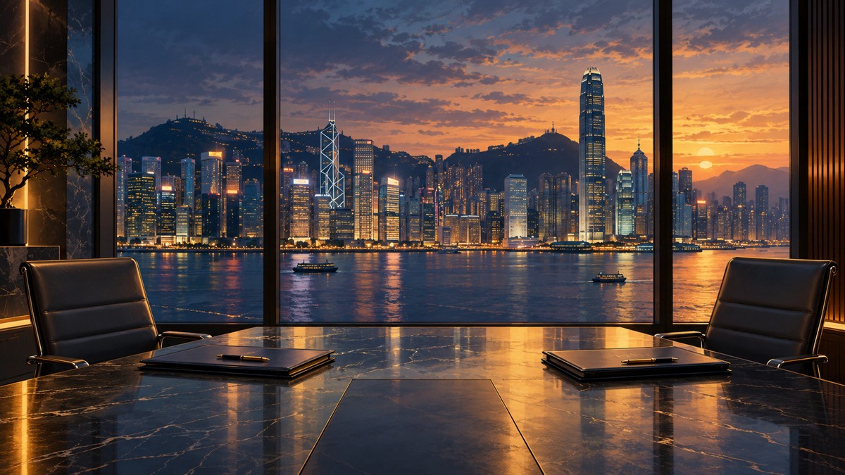 Ilustração de uma mesa de arbitragem diante da paisagem urbana e do porto de Hong Kong ao entardecer