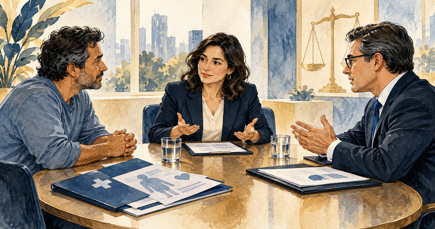 Paciente, representante de plano de saúde e mediadora dialogam em uma mesa.