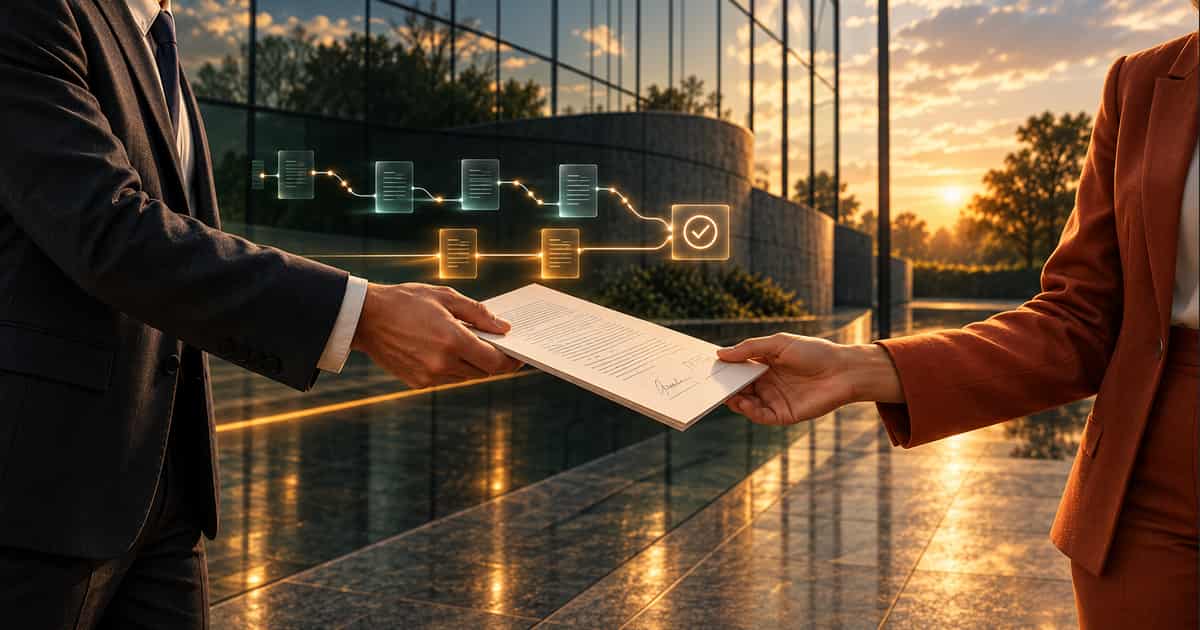 Advogado e cliente trocam um acordo, com dois percursos digitais de durações diferentes convergindo para a mesma conclusão.