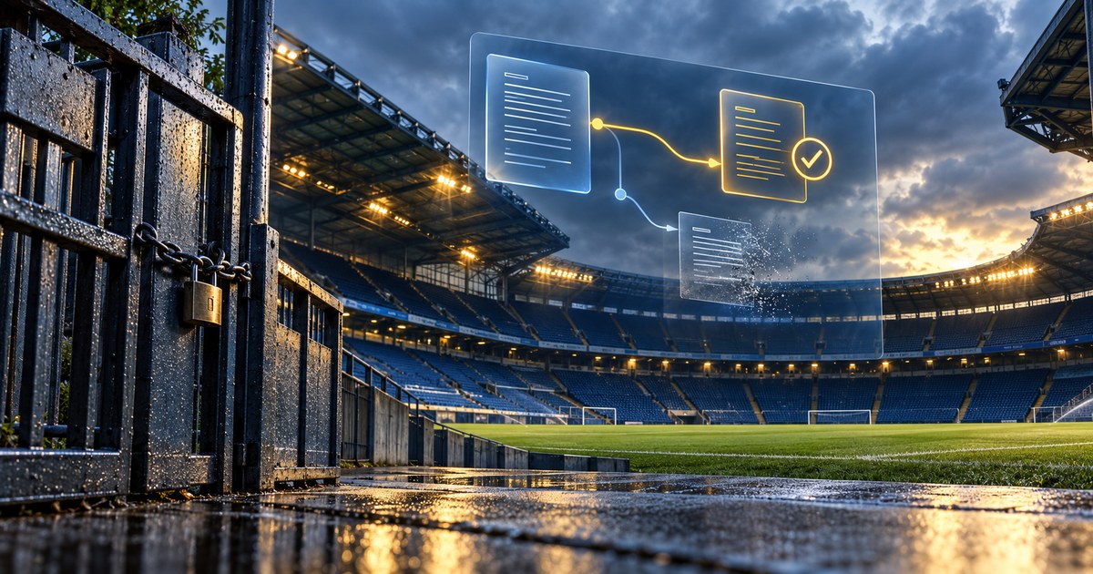 Portão metálico fechado em estádio de futebol, com campo e arquibancadas vazias ao fundo.