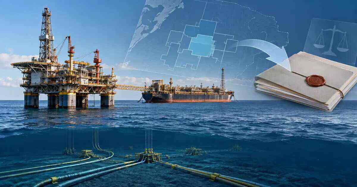 Ilustração conceitual de plataforma offshore, documentos e seta de reversibilidade, alusiva à arbitragem sobre Papa-Terra.