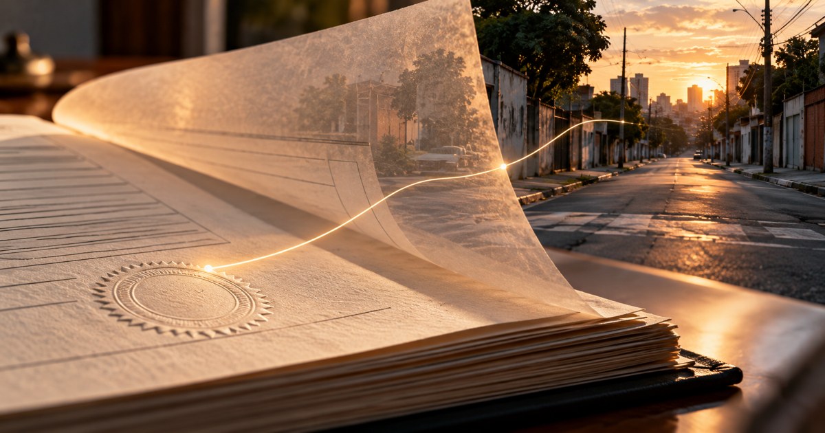 Registro civil em papel texturizado, com folha translúcida revelando uma rua urbana e uma linha luminosa que conecta documento e contexto.