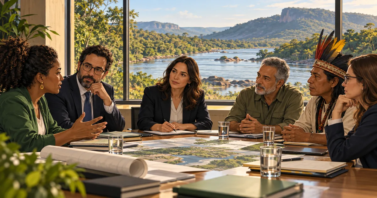 Ilustração conceitual de participantes em diálogo de mediação diante de paisagem fluvial.