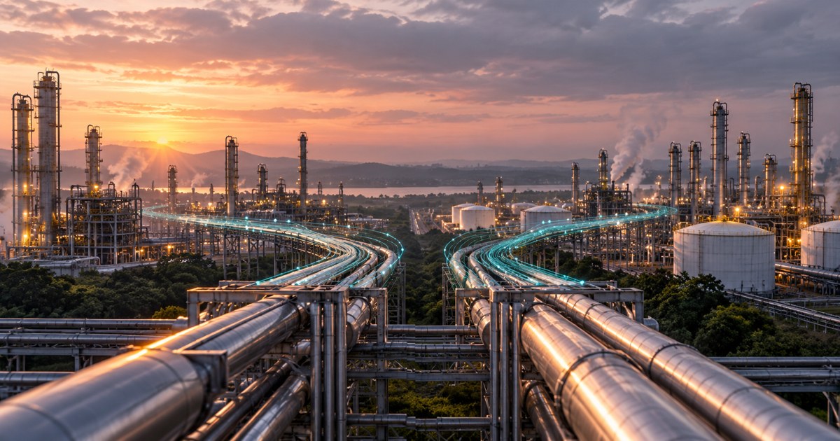 Tubulações de um complexo petroquímico ao amanhecer com dois percursos digitais que seguem separados, ilustrando uma negociação ainda sem conclusão.