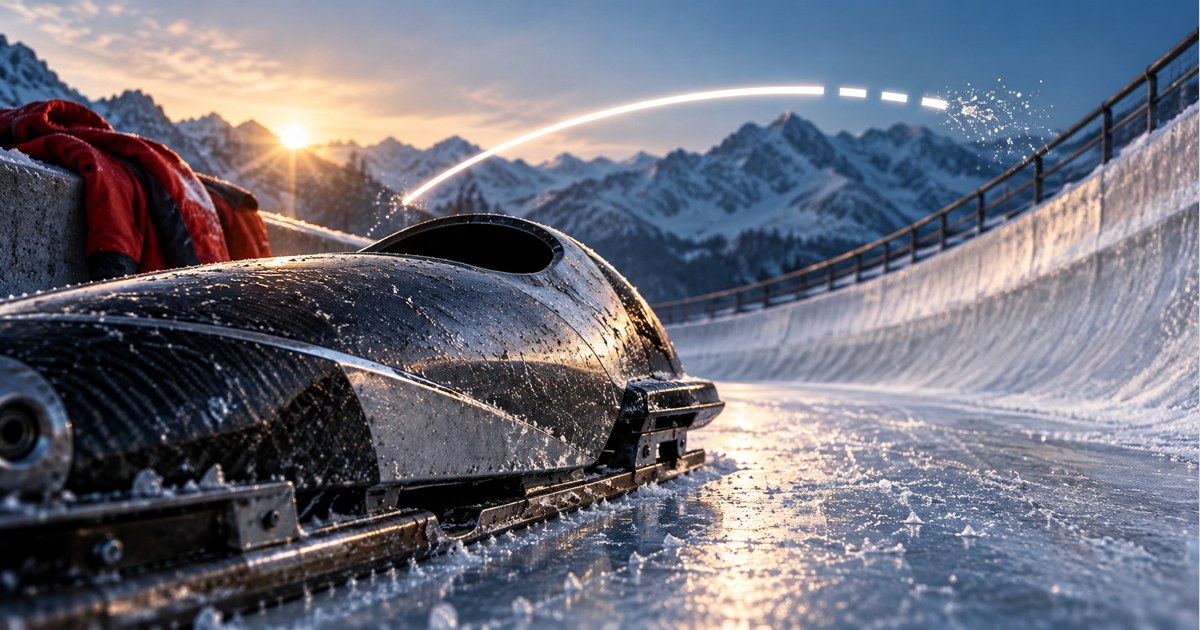 Bobsled vazio com metal texturizado e gelo, acompanhado de trajetória luminosa interrompida que representa afastamento esportivo.