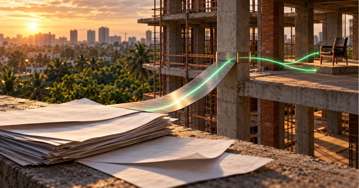Estrutura imobiliária em construção conectada a uma faixa contratual metálica, ilustrando obrigações vinculantes em negociação preliminar.